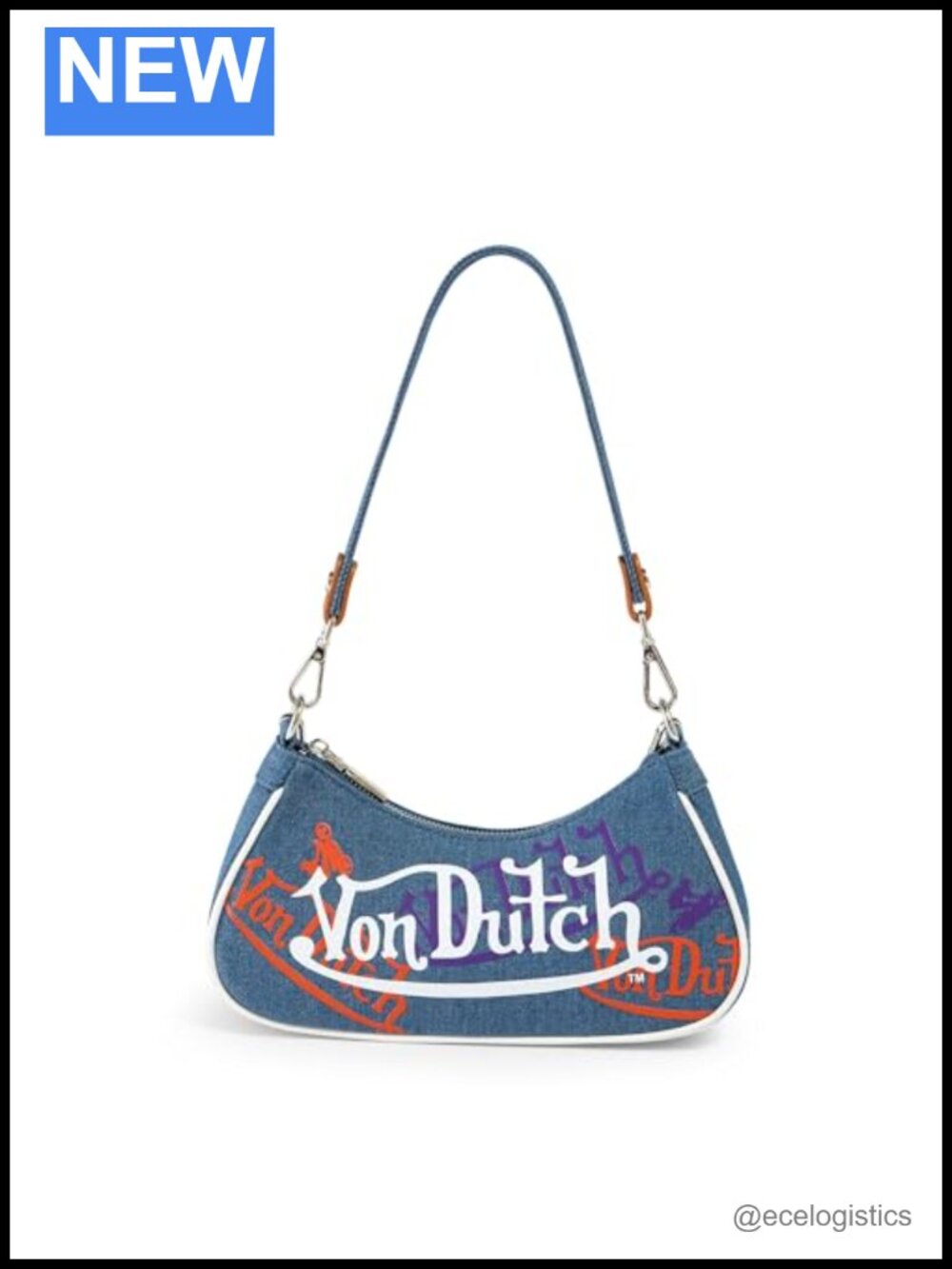 Von Dutch Denim Shoulder Bag with Logo Print, Detachable Strap